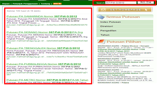 사건번호‘357/Pdt.G/2012’를 입력한 후 출력된 검색결과 화면