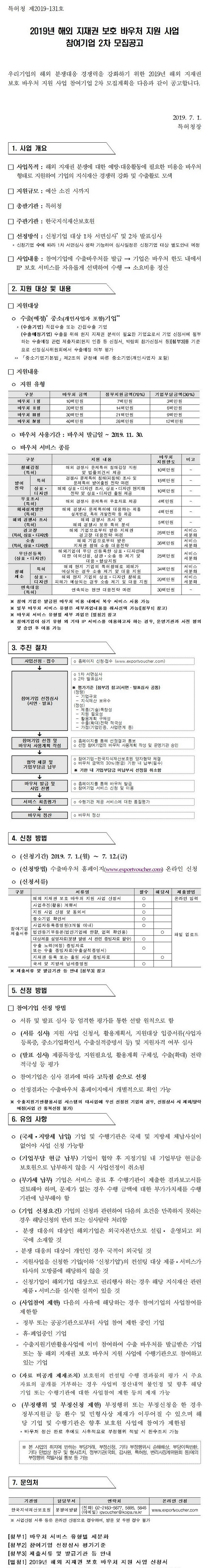 2019년 해외 지재권 보호 바우처 지원 사업 참여기업 2차 모집공고