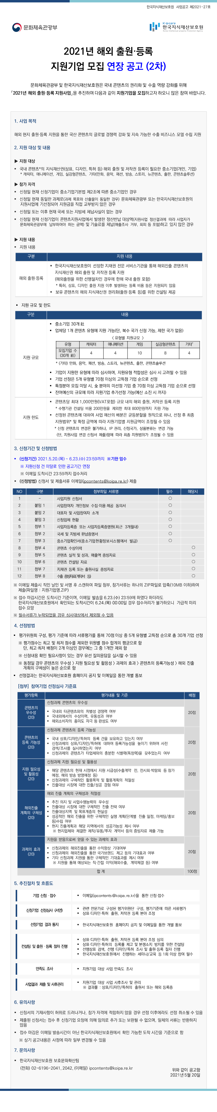 2021년 해외 출원등록 지원기업 모집 연장 공고(2차)